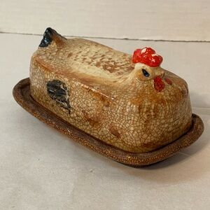 Vintage Ceramic Hen Butter Dish - Brown and Red